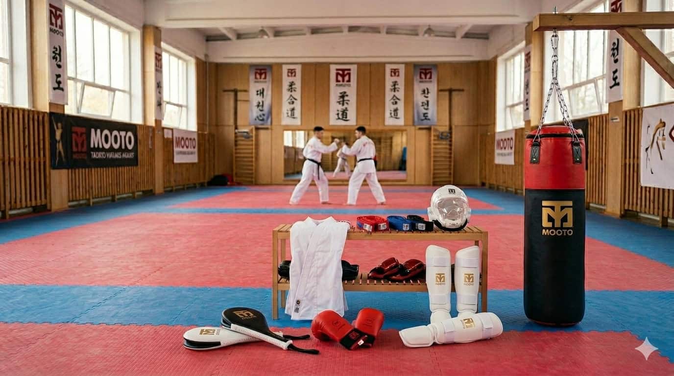 Bodegón de equipamiento de artes marciales marca Mooto en un dojo, que incluye saco de boxeo, espinilleras blancas, guantillas rojas y uniformes sobre un tatami, representando el material necesario para el entrenamiento diario.