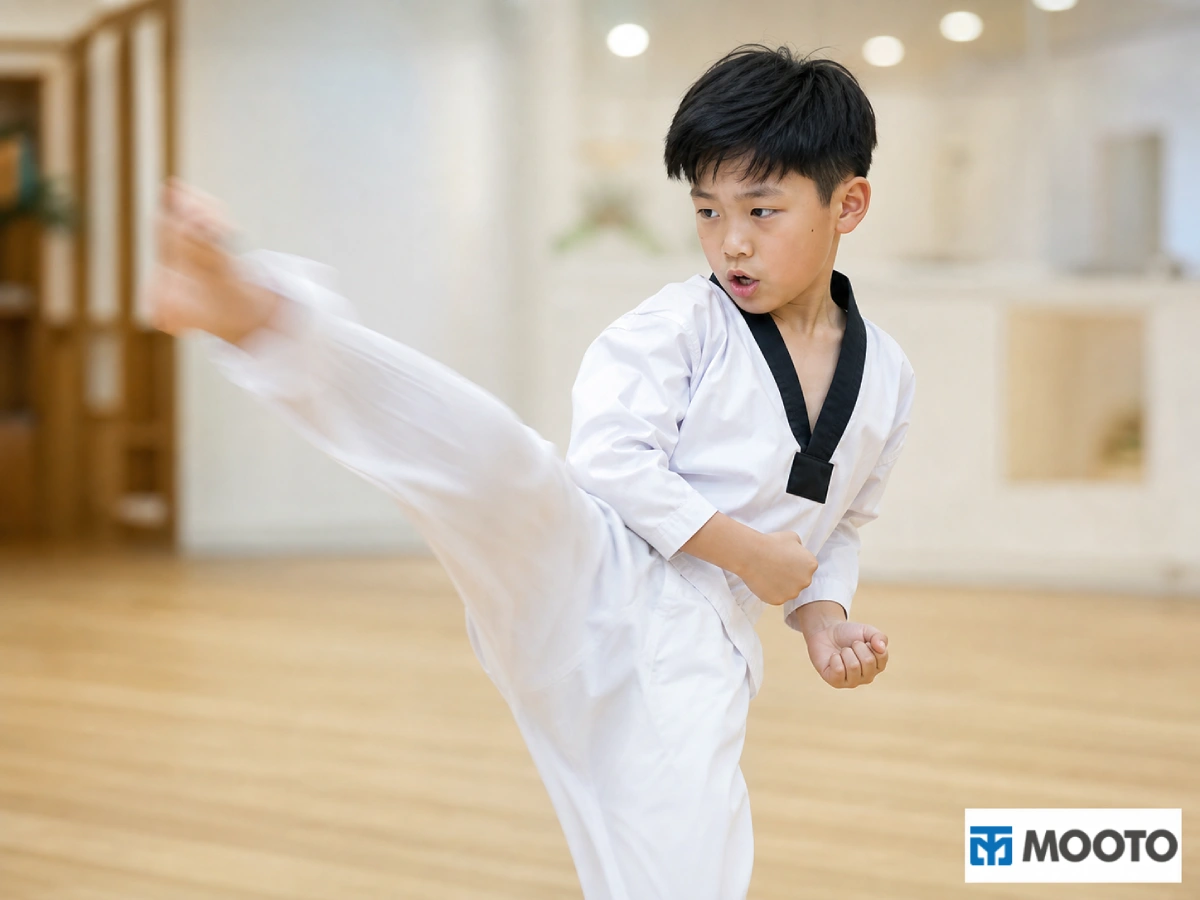 Niño con dobok Mooto MTX talla 130 en posición de guardia de taekwondo — Mooto España Madrid