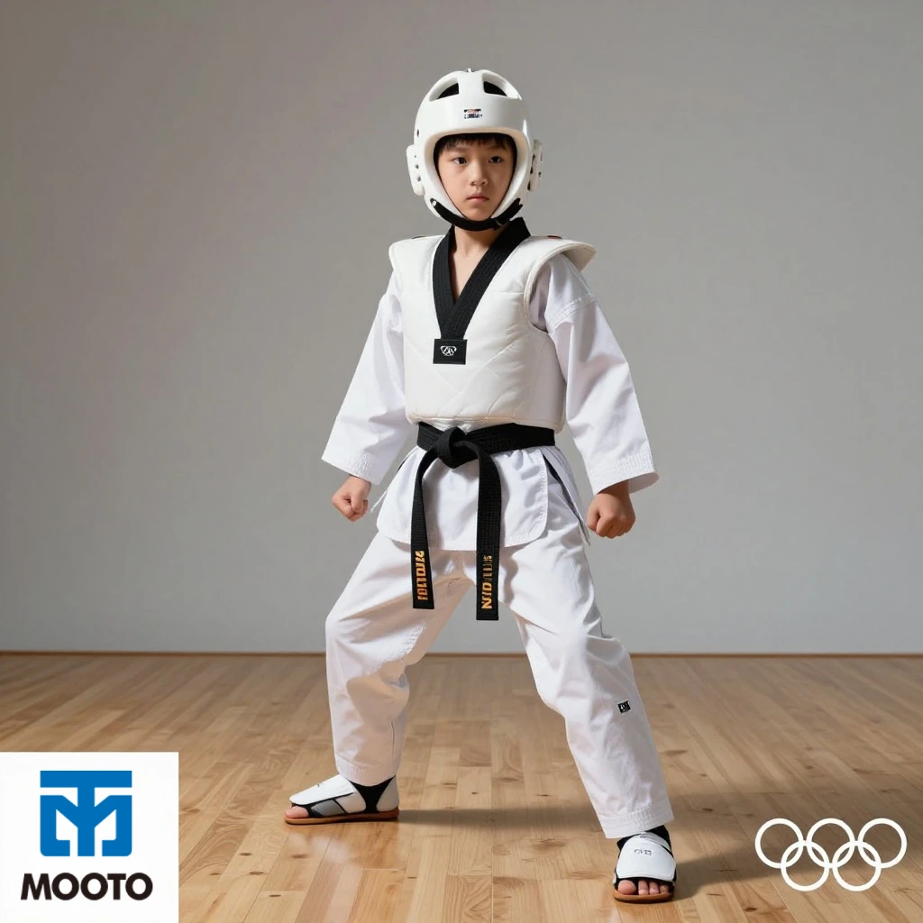 Protecciones Taekwondo Niño Homologadas WT | Mooto España Niño con equipación completa homologada WT de taekwondo Mooto — casco, peto, espinilleras y guantillas — Mooto España distribuidor oficial